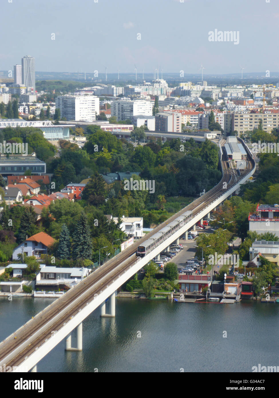 Old Danube and subway line 1 and view to Kagran, Austria, Wien, 22., Wien, Vienna Stock Photo