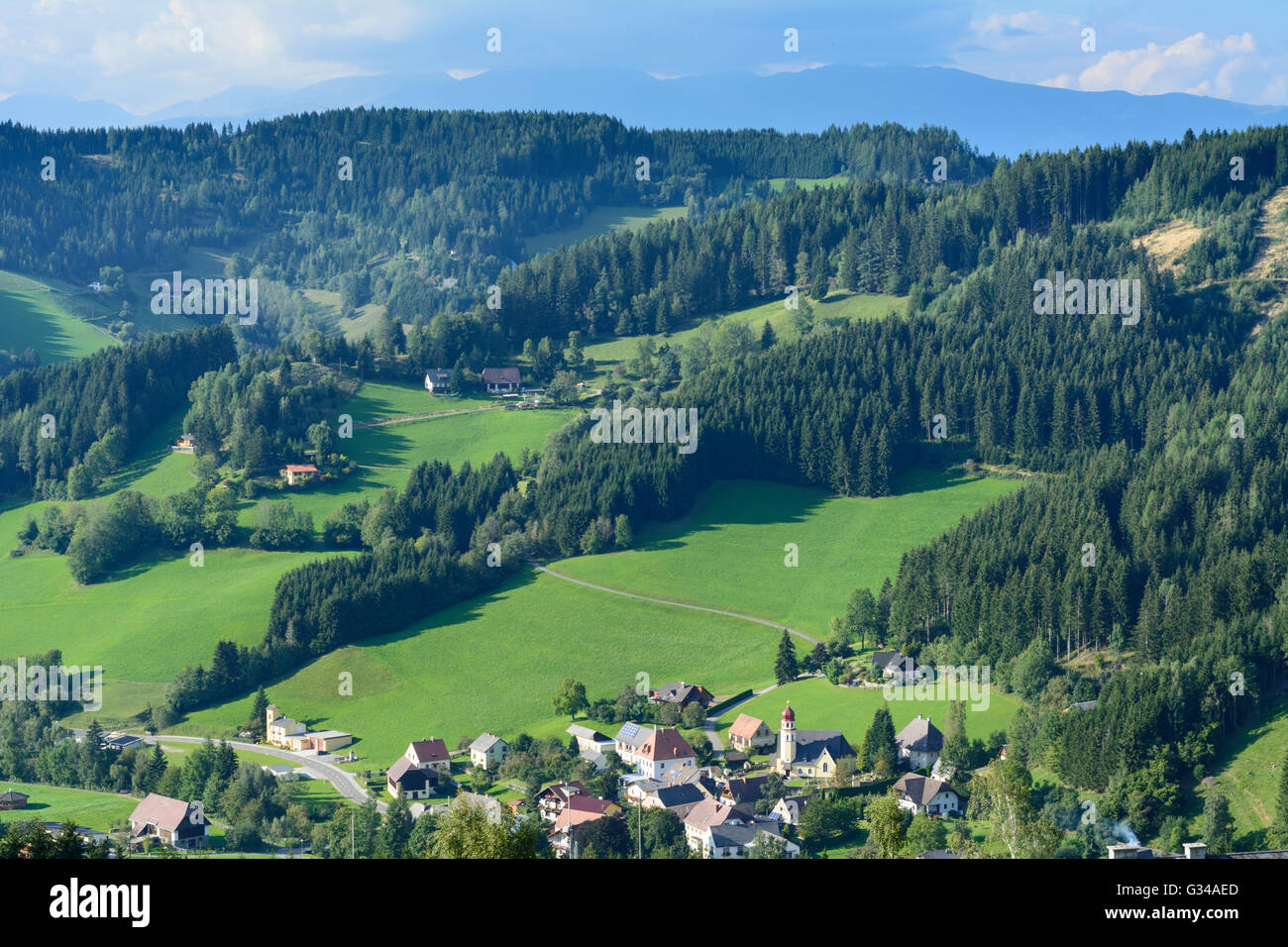Overlooking village Kleinlobming , mountain Stubalpe, Austria, Steiermark, Styria, Murtal, Großlobming Stock Photo
