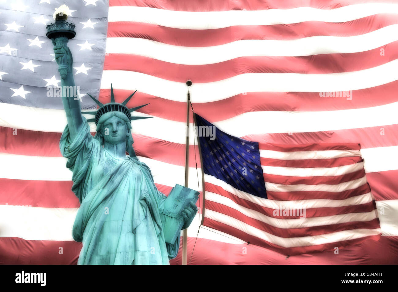 Statue of Liberty and American flag on the mast. The background is made up of a large American flag. Stock Photo