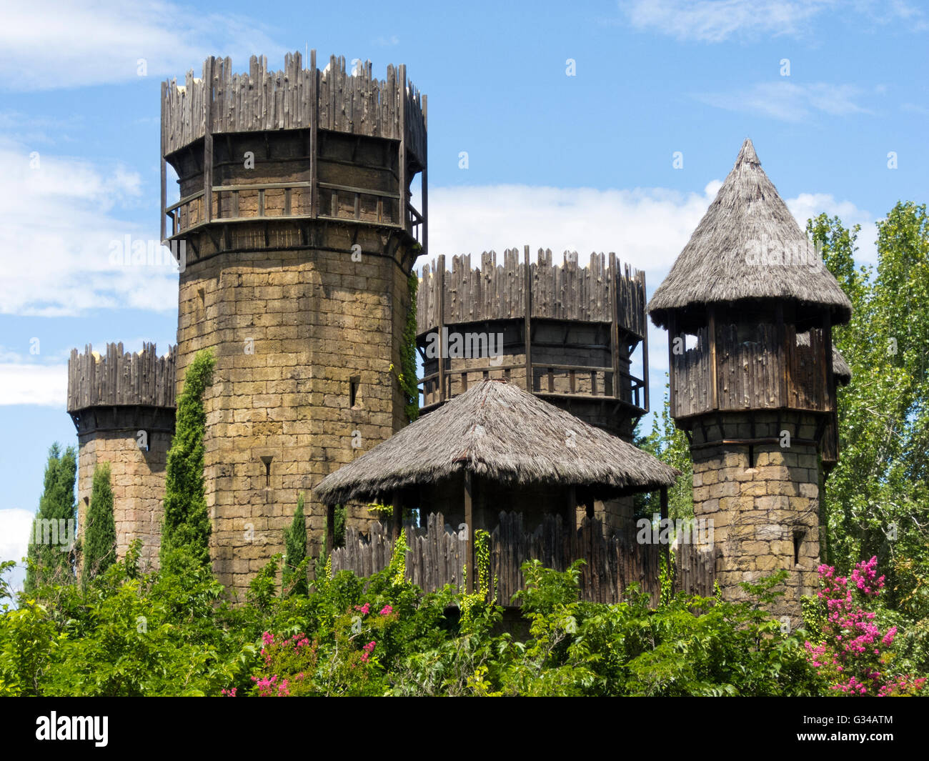 Stone and wooden medieval castle Stock Photo