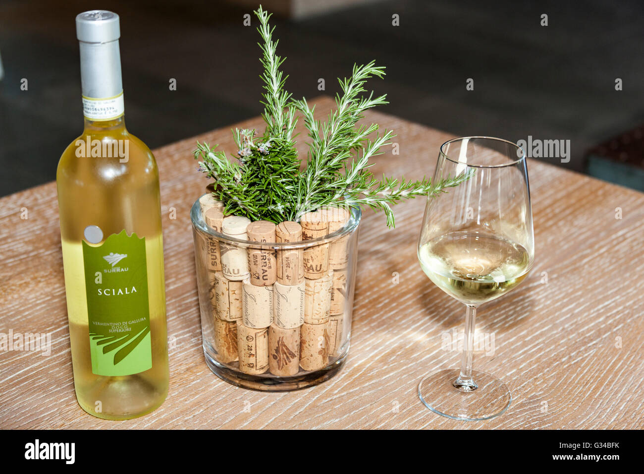 Bottle and glass of wine and corks, Vigne Surrau, Surrau Vineyard, Arzachena, Sardinia, Italy Stock Photo