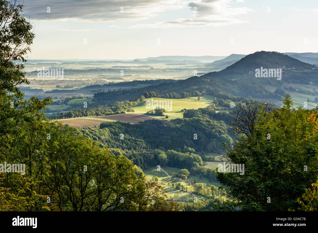 View from Mount Hohenstaufen to mountain Rechenberg, Germany, Baden-Württemberg, Schwäbische Alb, Swabian Alb, Göppingen Stock Photo