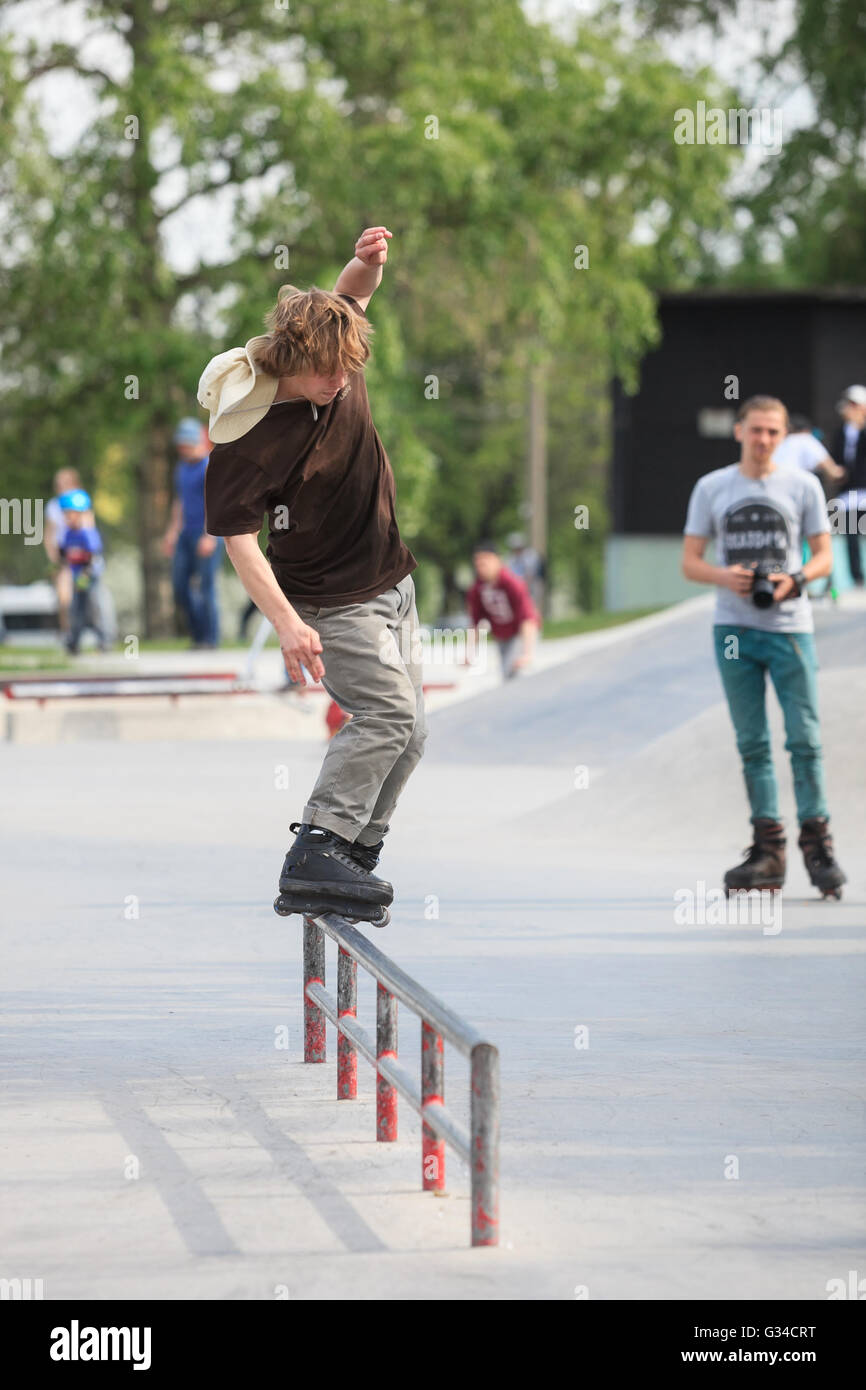 MOSCOW - 7 MAY, 2016 : Aggressive rollerblading competition AZ Picnic took place at skate park Sadovniki in memory of rollerblader Andrey Zaytcev who passed away in 2012 Stock Photo