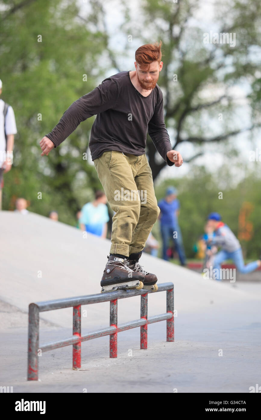 MOSCOW - 7 MAY, 2016 : Aggressive rollerblading competition AZ Picnic took place at skate park Sadovniki in memory of rollerblader Andrey Zaytcev who passed away in 2012 Stock Photo