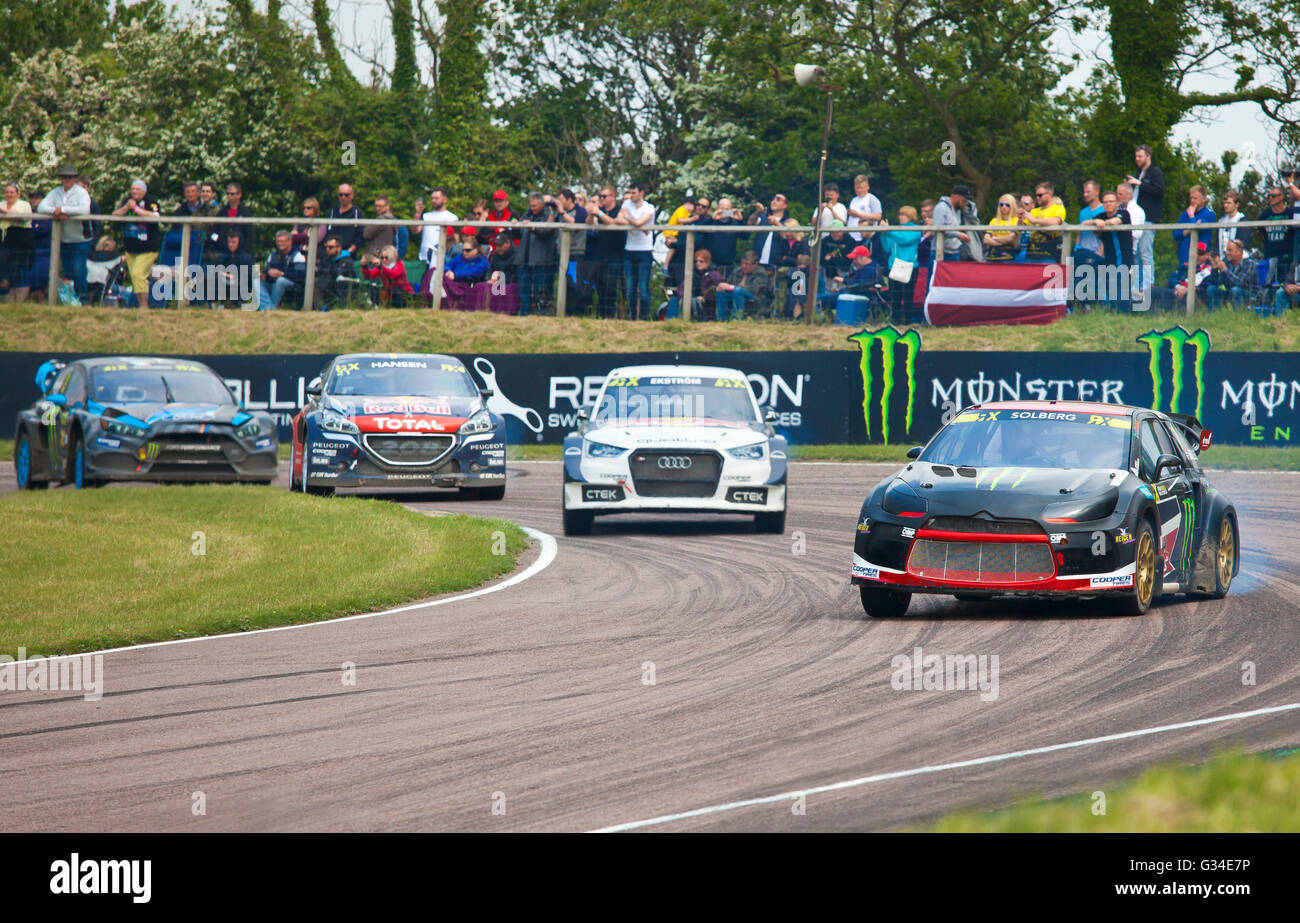 World Rallycross racing at Lydden Hill, with Petter Solberg leading in a Citroen DS3. Stock Photo