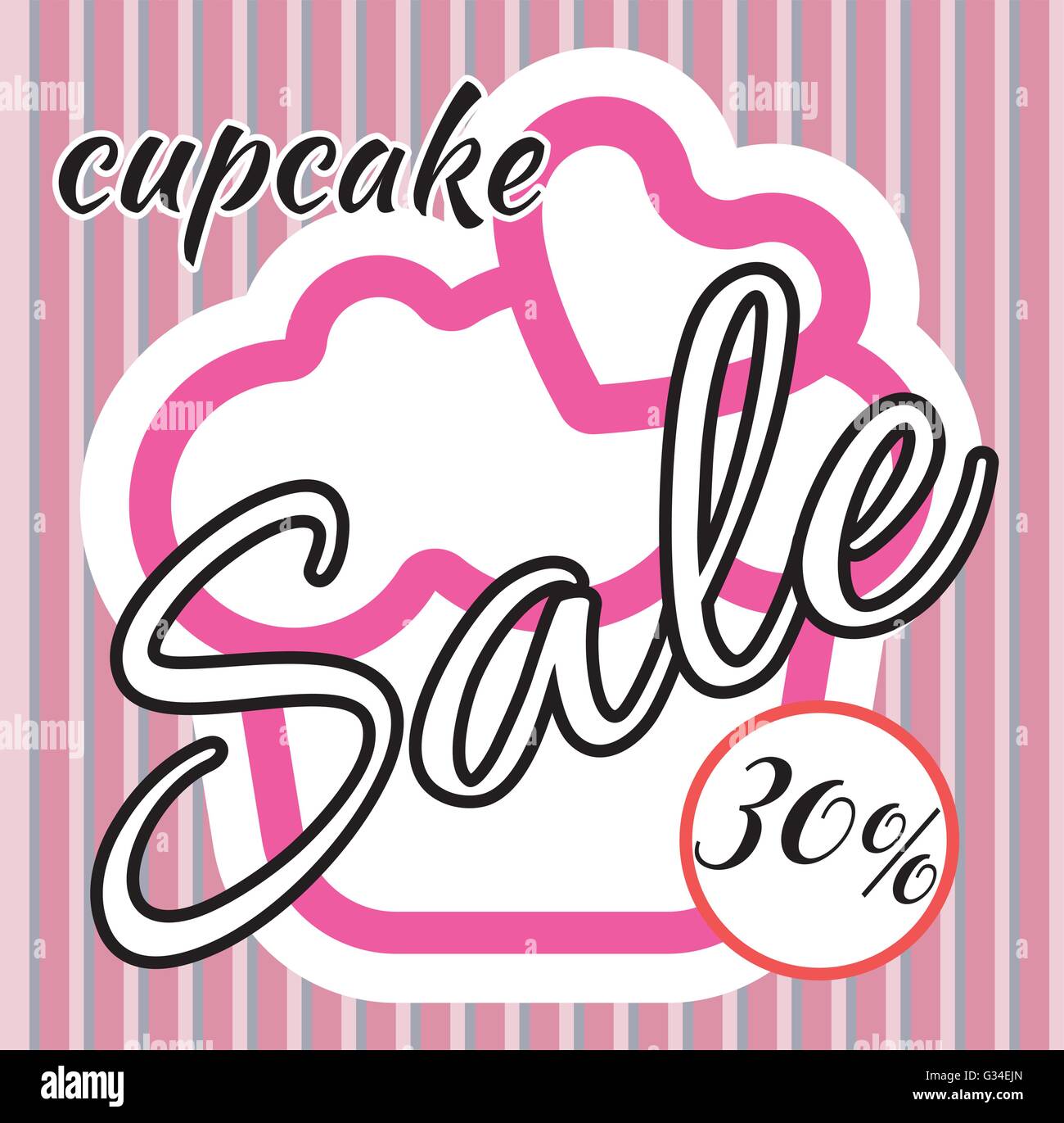 Card with a cream cake with heart on top over a background in lines, in pink outline style with cupcake and sale text. Digital v Stock Vector