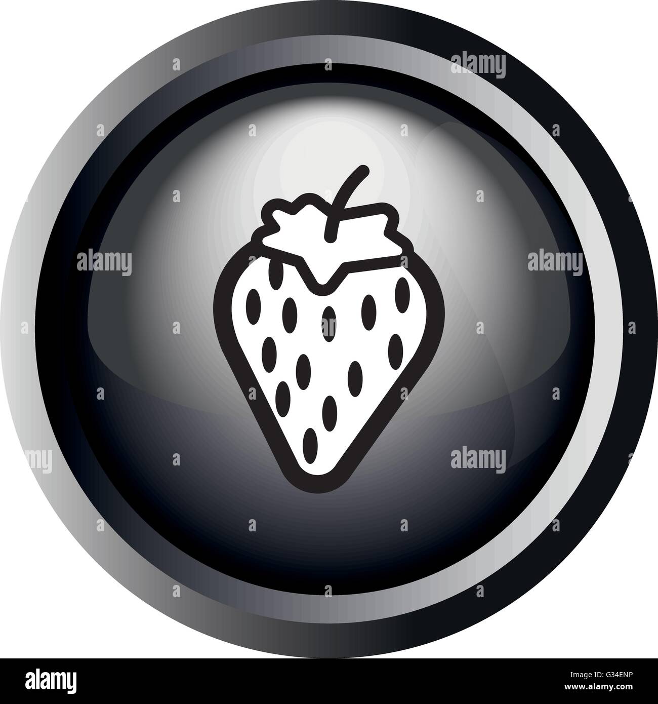 Card with a strawberry with seeds, in round frame in 3d over a white background, in black and white outline style. Digital vecto Stock Vector