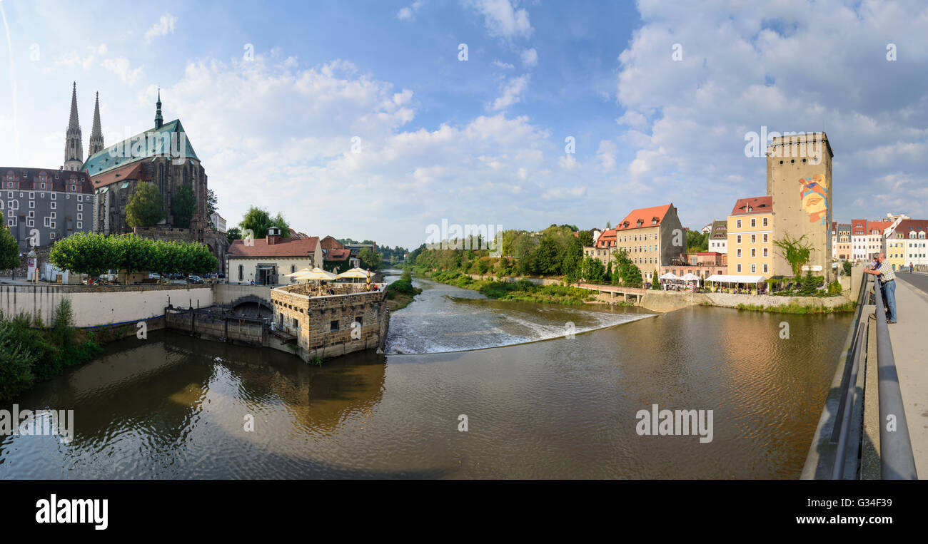 Parish Church of St. Peter and Paul , water mill Vierradenmuhle , river Neisse, water mill Dreiradenmühle on the Polish side (le Stock Photo