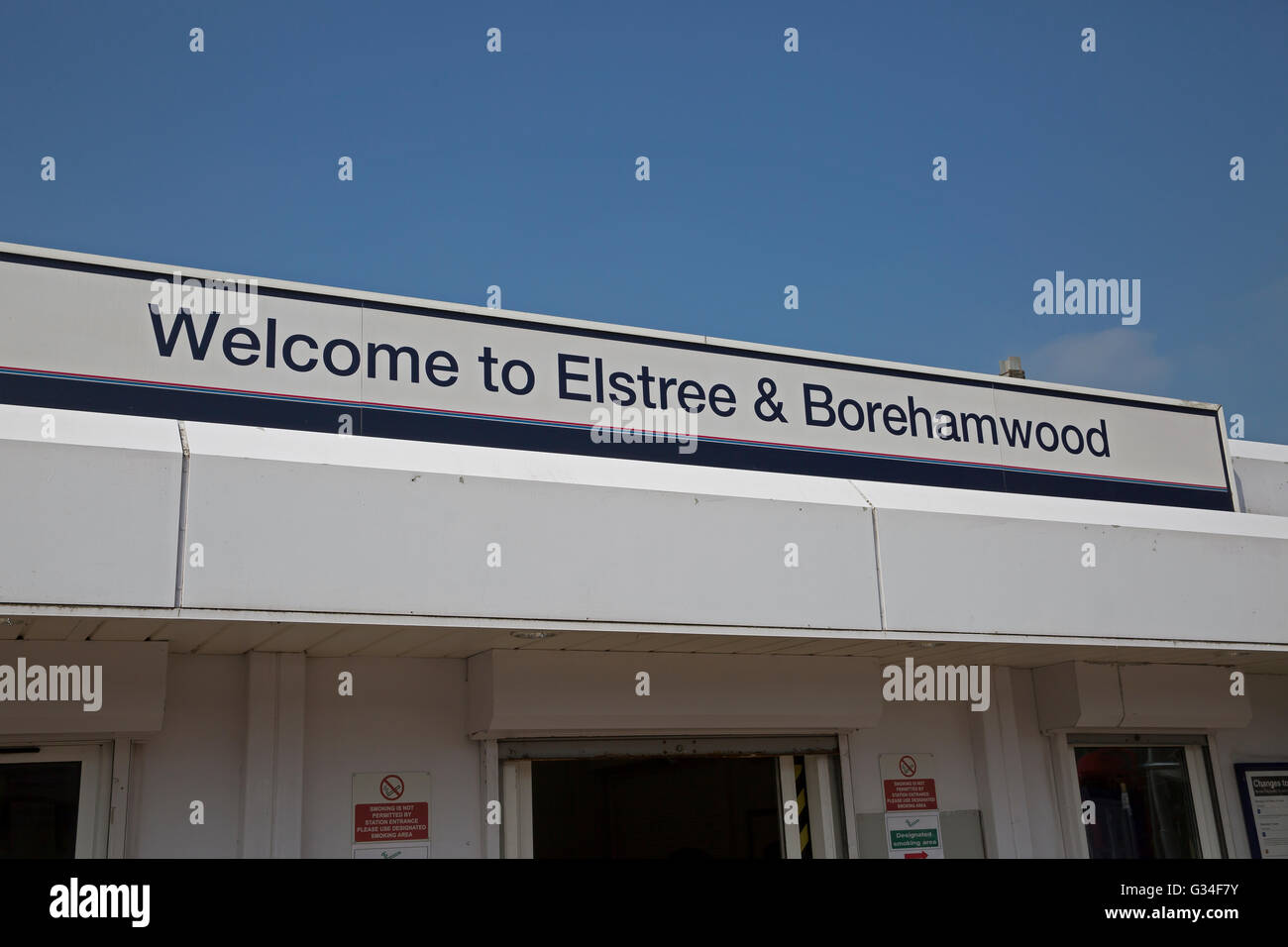 Elstree and Borehamwood Railway Station sign Stock Photo Alamy