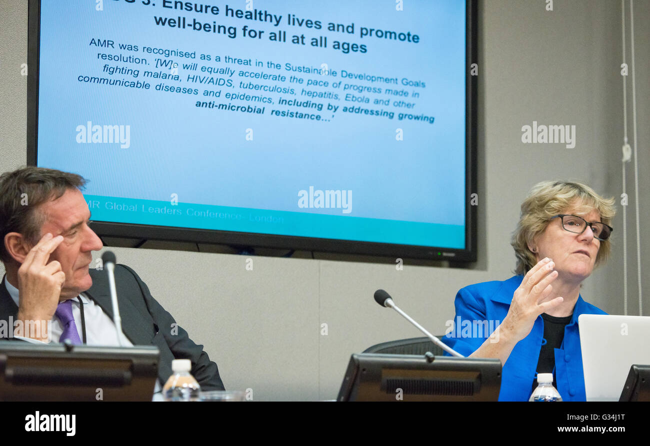 New York, United States. 07th June, 2016. Dame Sally Davies (right) speaks with the press, explaining the origins and mechanisms of transmission of anti-microbial resistance. The Permanent Mission of the United Kingdom to the United Nations convened a press briefing at UN Headquarters in New York City on anti-microbial resistance diseases and threats to global health posed by them featuring Lord O'Neill, Chairman of a Review of Anti-Microbial Resistance (AMR). Professor Dame Sally Davies, the Chief Medical Officer for England. © Albin Lohr-Jones/Pacific Press/Alamy Live News Stock Photo