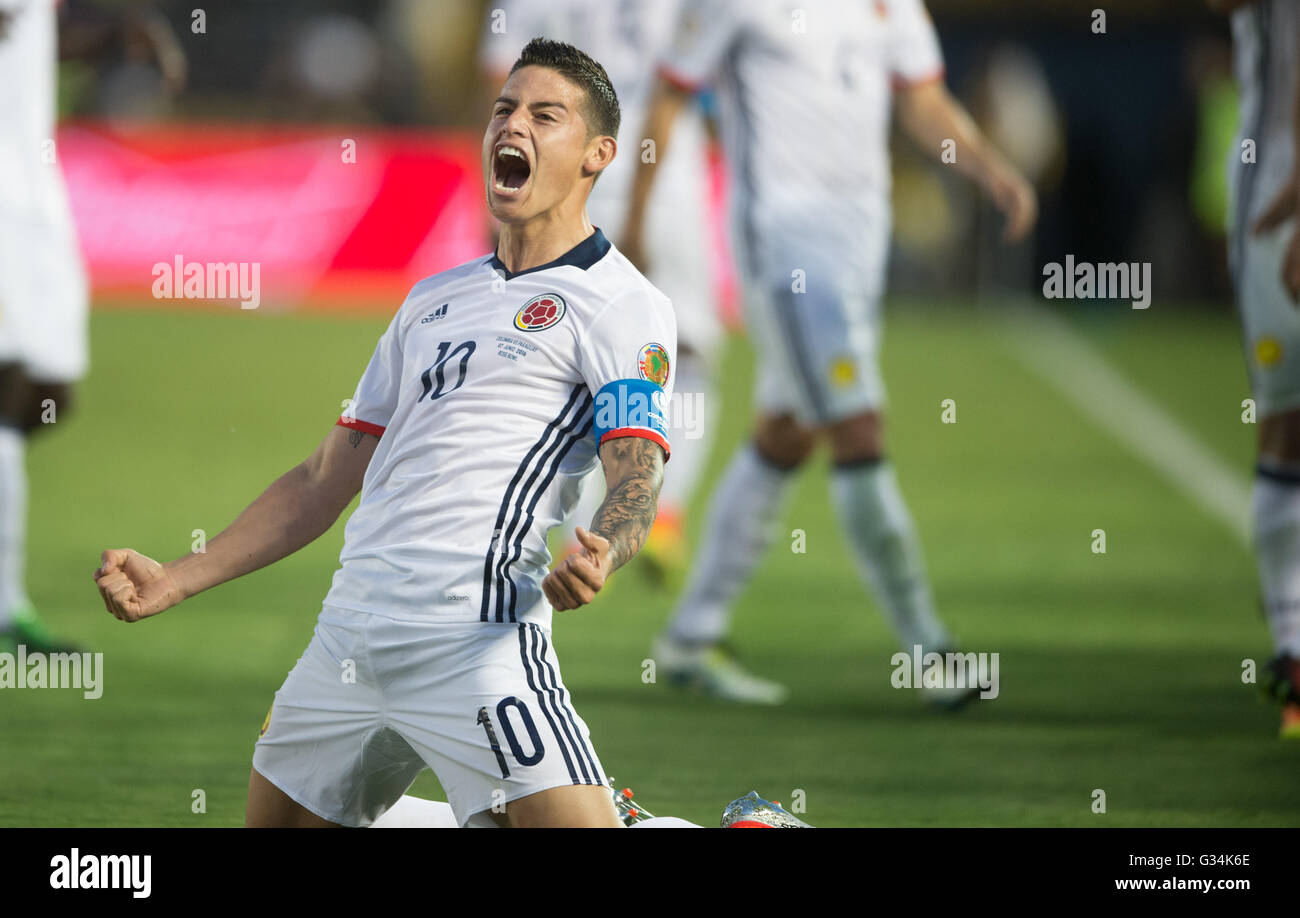 Pasadena, USA. 7th June, 2016. Colombia's James Rodriguez celebrates a goal during the Copa America Centenario Group A match between Colombia and Paraguay at Rose Bowl Stadium in Pasadena, California, the United States, June 7, 2016. © Yang Lei/Xinhua/Alamy Live News Stock Photo