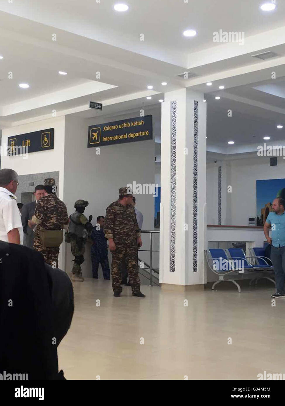 Uzbekistan. 8th June, 2016. Photo taken on June 8, 2016 shows the airport terminal where the Egyptair plane made an emergency landing in Uzbekistan. A bomb threat on an EgyptAir flight from Cairo to Beijing was proved to be a hoax and the flight will continue after an emergency landing in Uzbekistan on Wednesday. No explosives were found after all the 118 passengers and 17 crew members were evacuated for a search, announced the Uzbekistan Airways. Credit:  Xinhua/Alamy Live News Stock Photo