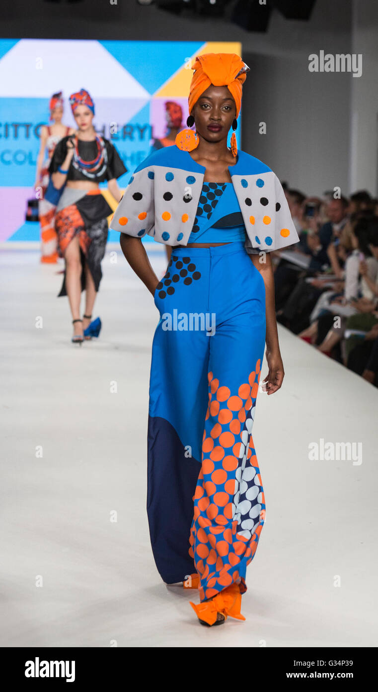 London, UK. 8 June 2016. A model walks the runway showcasing the fashion collection by Agnes Citto & Cheryl Teo,  from LASALLE College of the Arts in Singapore during the Oracle International Catwalk Competition 2016 during Graduate Fashion Week. GFW takes place at the Old Truman Brewery from 5 to 8 June 2016. Credit:  CatwalkFashion/Alamy Live News Stock Photo