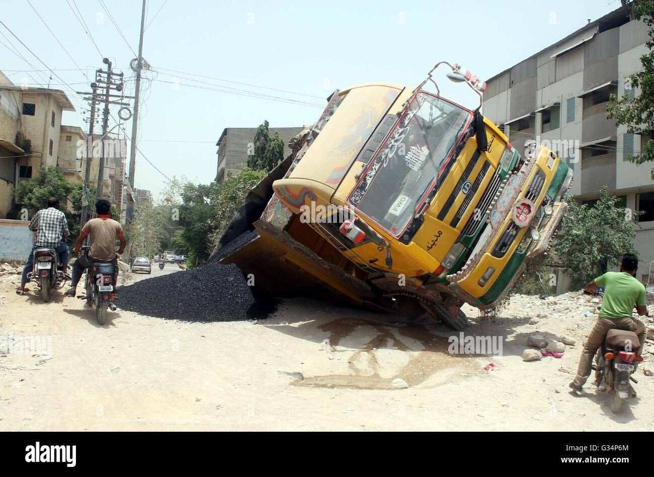 Dump Truck carried construction materials strayed off due to over