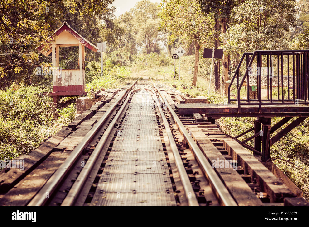 vintage railroad tracks of the famous bridge on the river Kwai in