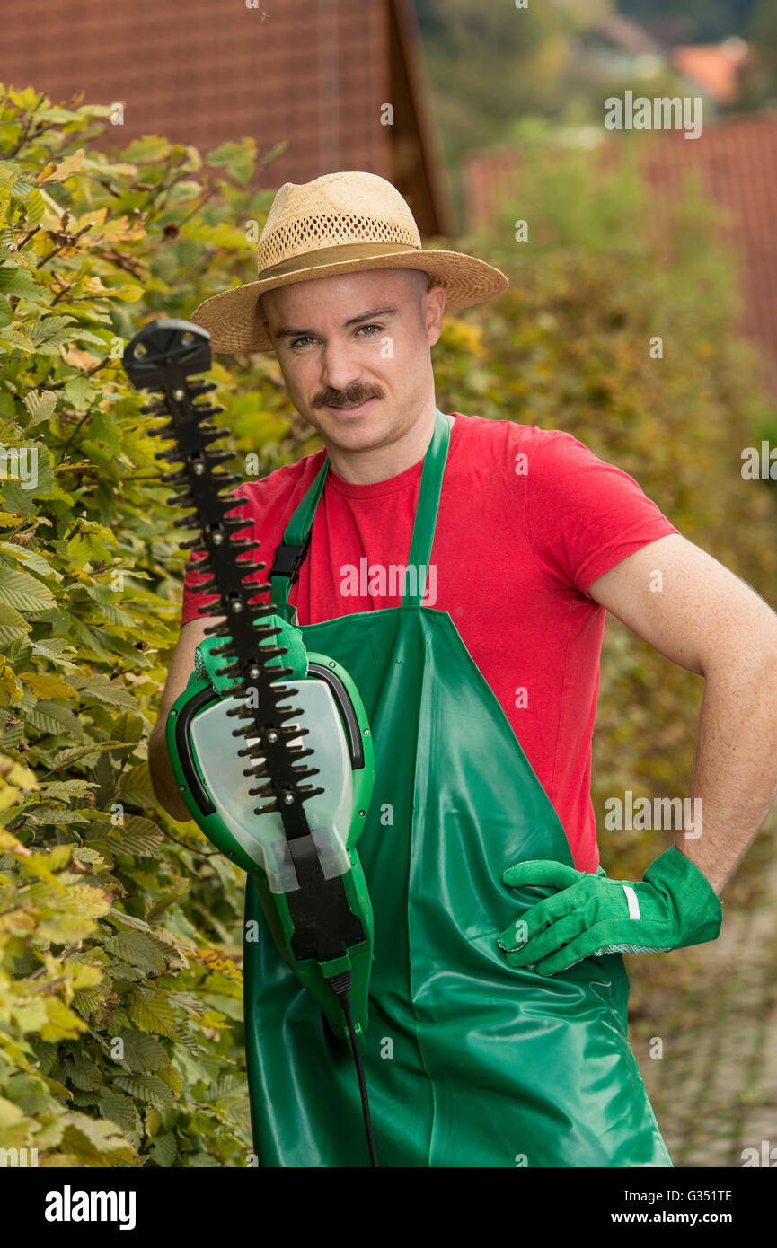 Gardener using a hedge trimmer Stock Photo Alamy