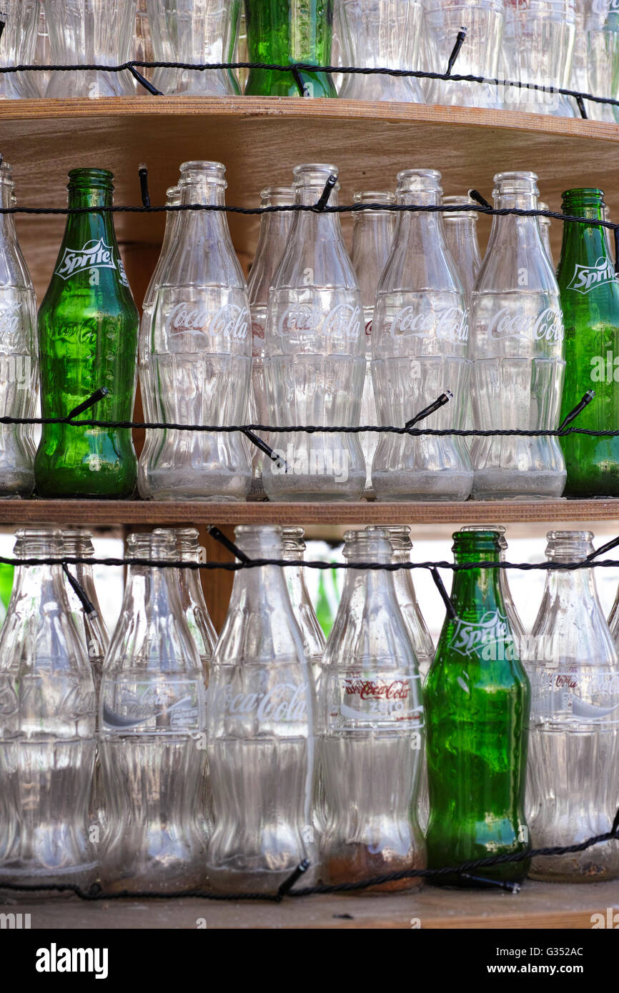 Paphos, Cyprus December 11, 2015 Empty bottles of CocaCola and Sprite standing in a rows on