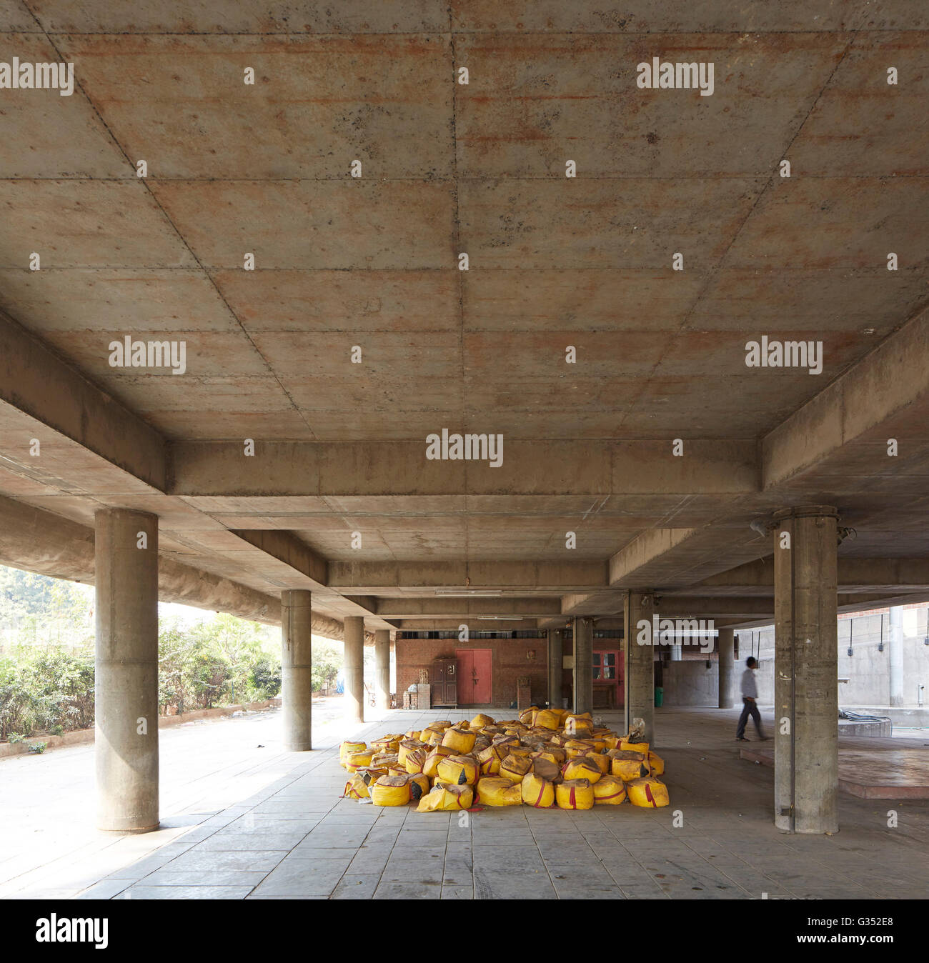 Views around undercroft. Sanskar Kendra, Ahmedabad, India. Architect: Le Corbusier , 1951. Stock Photo