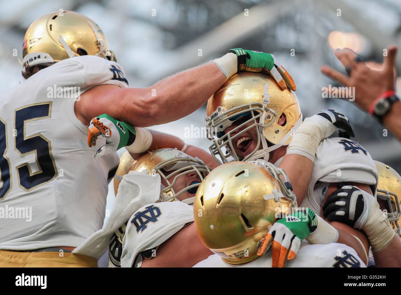 Notre Dame players celebrate a touchdown during the NCAA football game