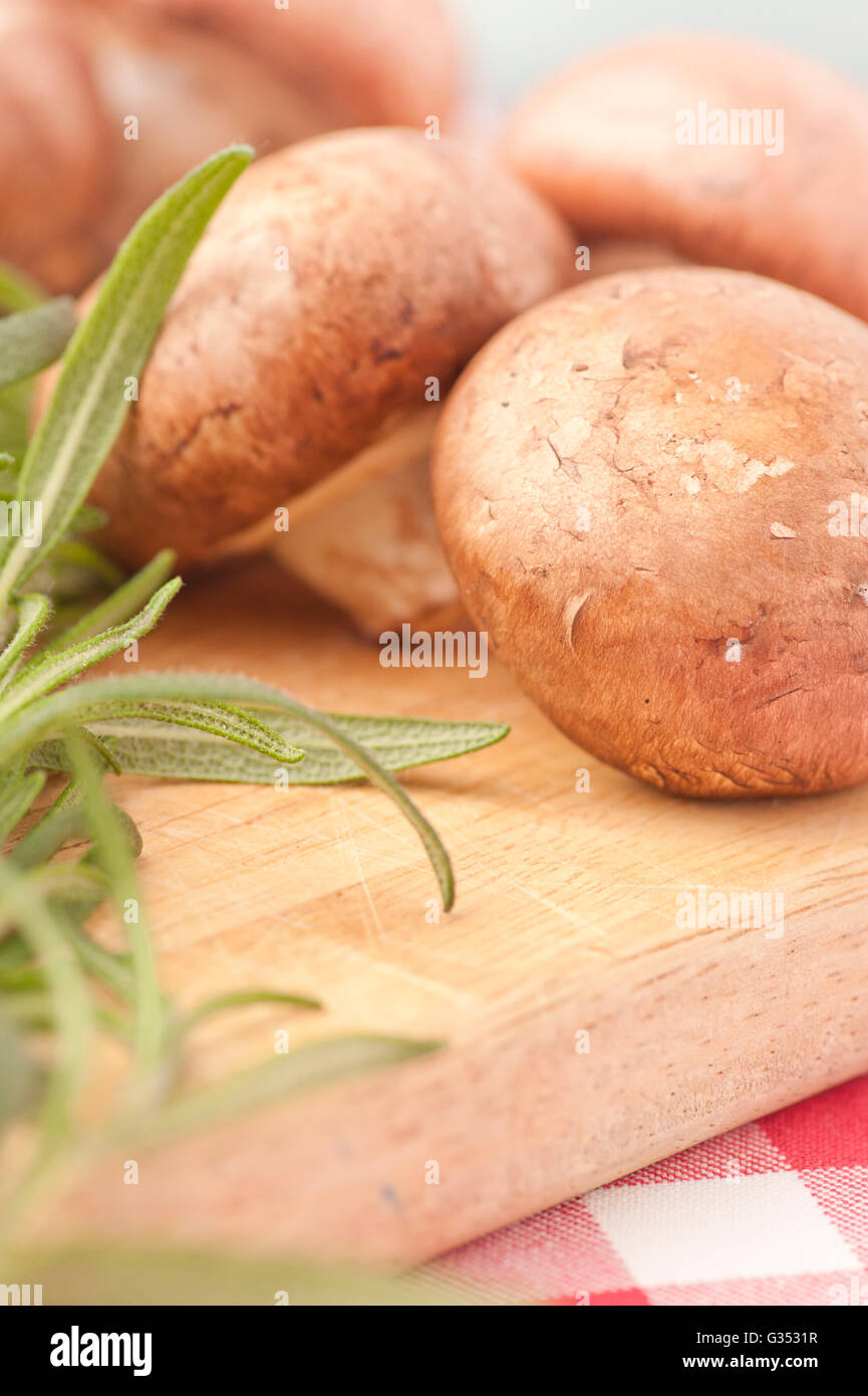 Chestnut mushrooms and rosemary on a cutting board Stock Photo