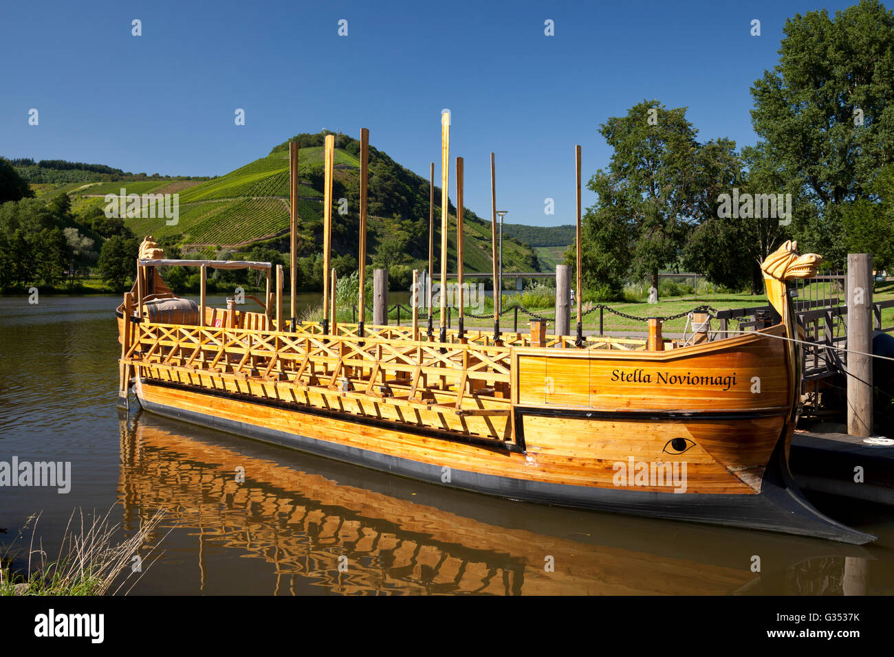 Replica of a Roman wine boat, Stella Noviomagi or Star of Neumagen, Neumagen-Dhron, Moselle, Rhineland-Palatinate, PublicGround Stock Photo
