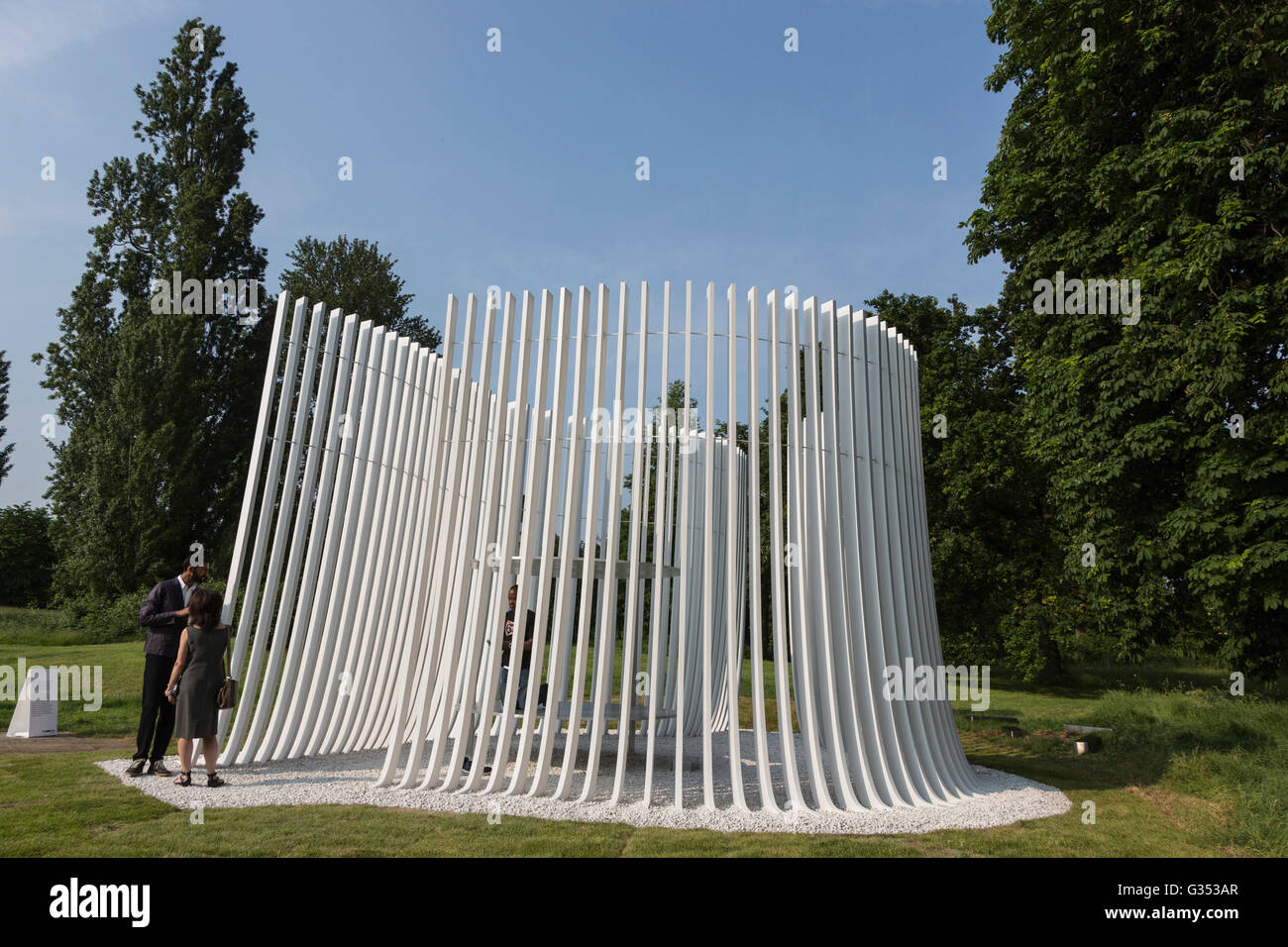 London, UK. 7 June 2016. Summer House designed by Asif Khan. The Serpentine reveals the completed structures for its expanded Architecture Programme for 2016: the 16th annual Pavilion designed by Bjarke Ingels Group (BIG) and four newly commissioned Summer Houses by Kunle Adeyemi (NLE), Barkow Leibinger, Yona Friedman and Asif Khan. The pavilion and summer houses are free to view from 10 June to 9 October 2016. Stock Photo
