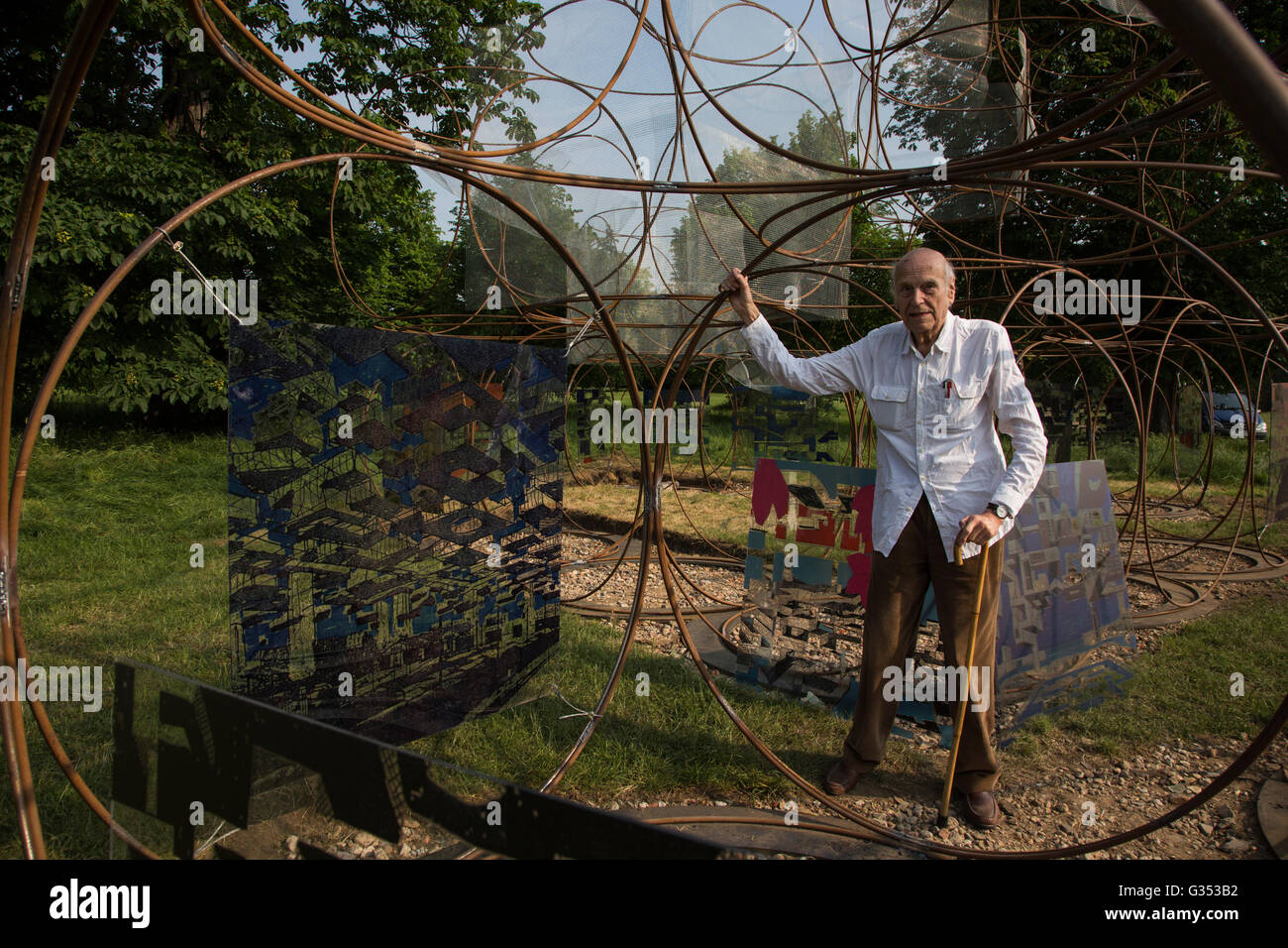 London, UK. 7 June 2016. Designer Yona Friedman with his Summer House. The Serpentine reveals the completed structures for its expanded Architecture Programme for 2016: the 16th annual Pavilion designed by Bjarke Ingels Group (BIG) and four newly commissioned Summer Houses by Kunle Adeyemi (NLE), Barkow Leibinger, Yona Friedman and Asif Khan. The pavilion and summer houses are free to view from 10 June to 9 October 2016. Stock Photo