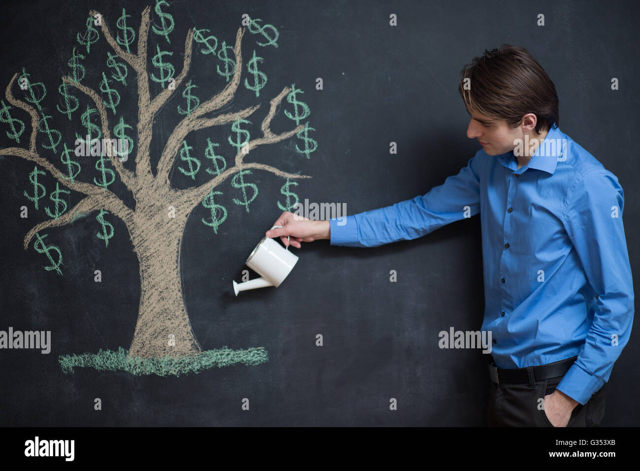 Watering can and money tree drawn on a blackboard concept for business