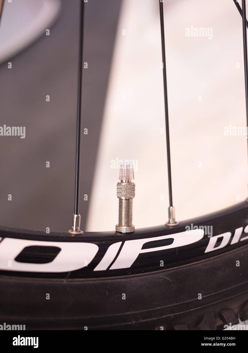 Nipple bicycle wheel closeup shot Stock Photo