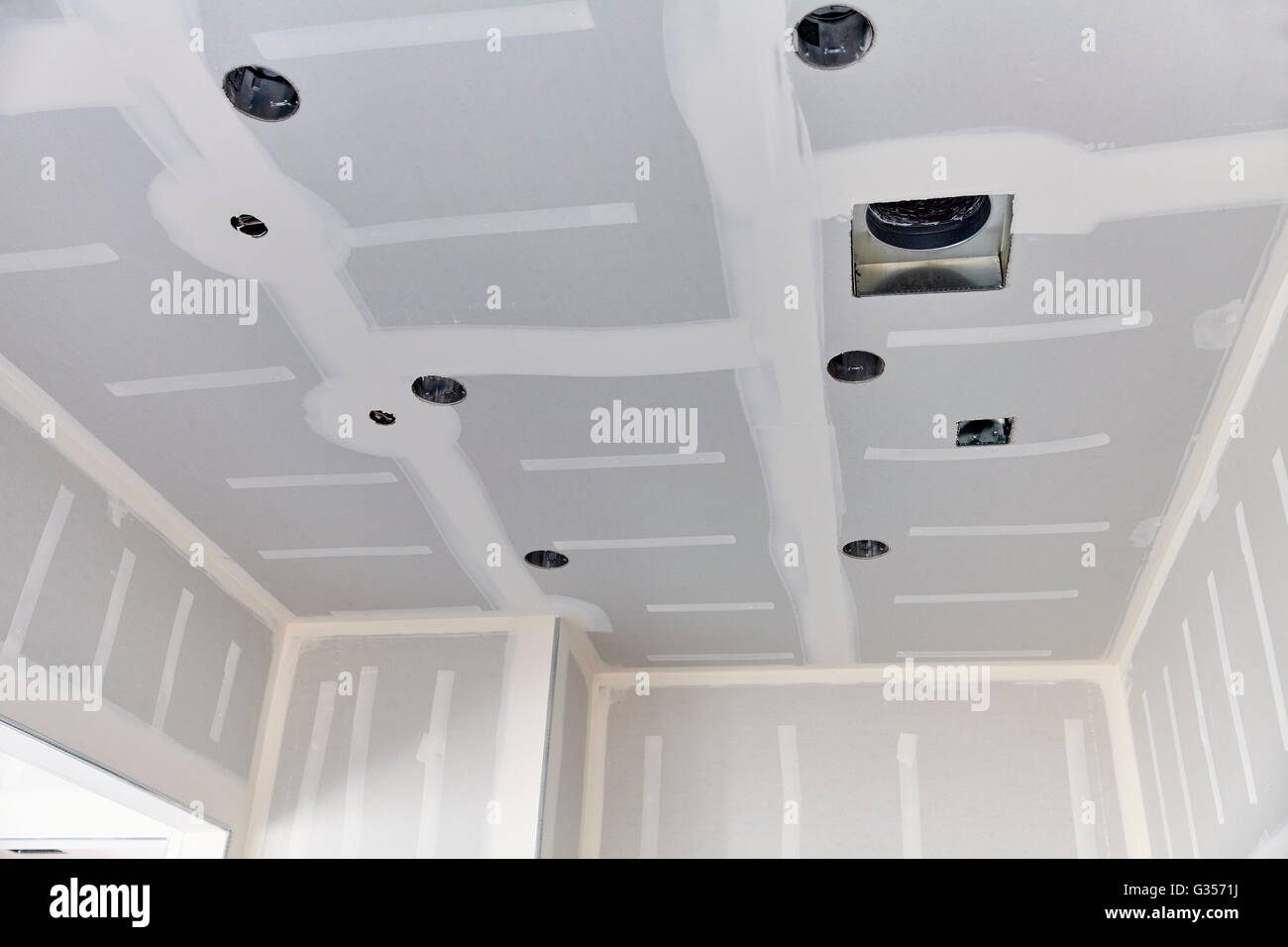 Construction building industry new home construction interior drywall tape and finish details Stock Photo