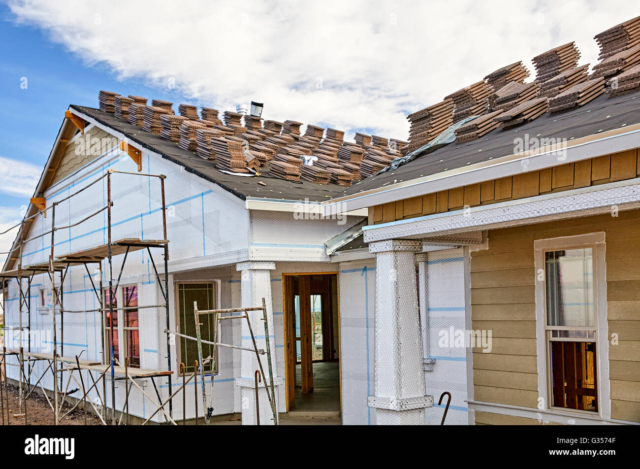 Home building industry house prep for stucco and roofing Stock Photo
