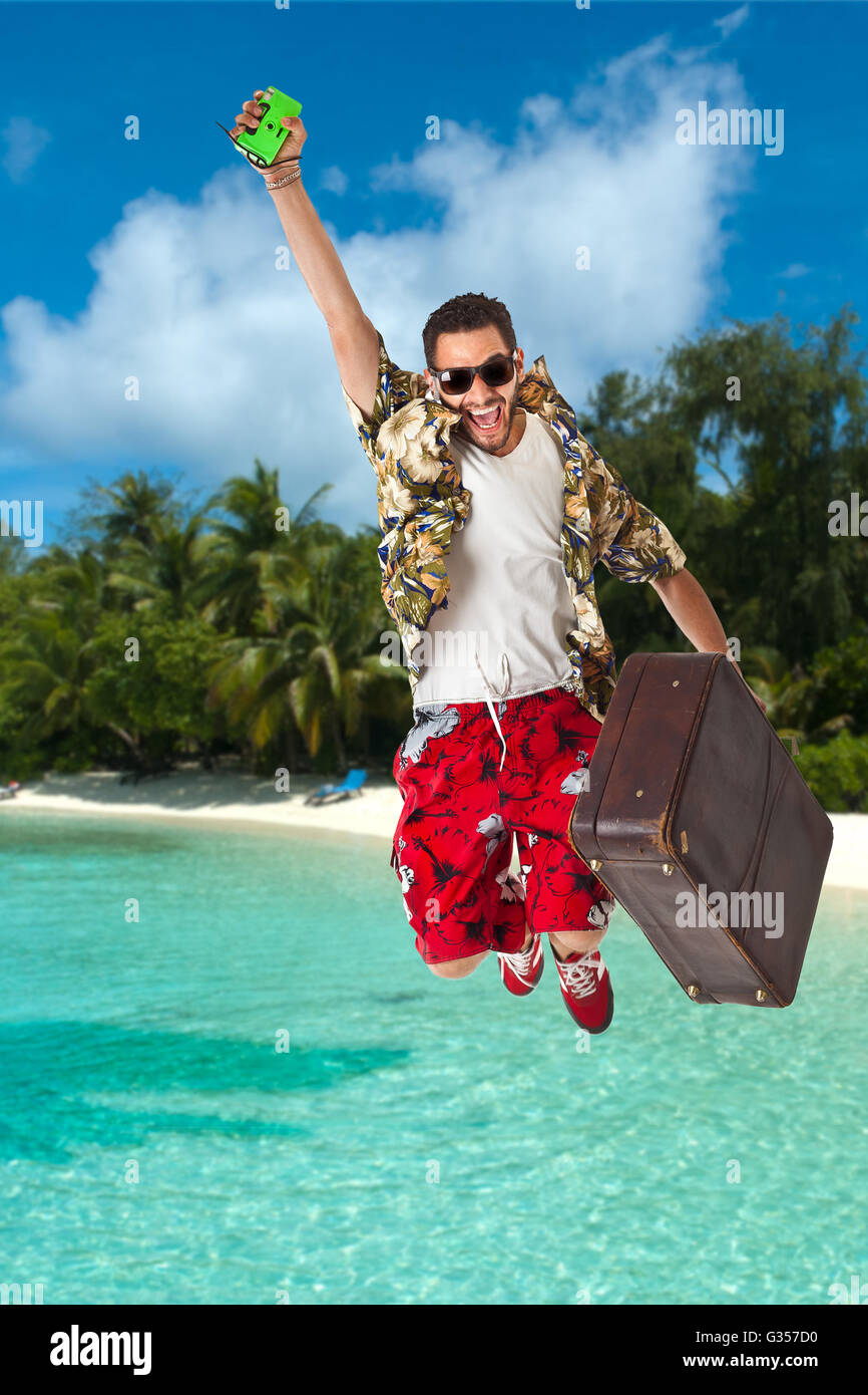 a young, attractive male in a colorful outfit in a tropical island