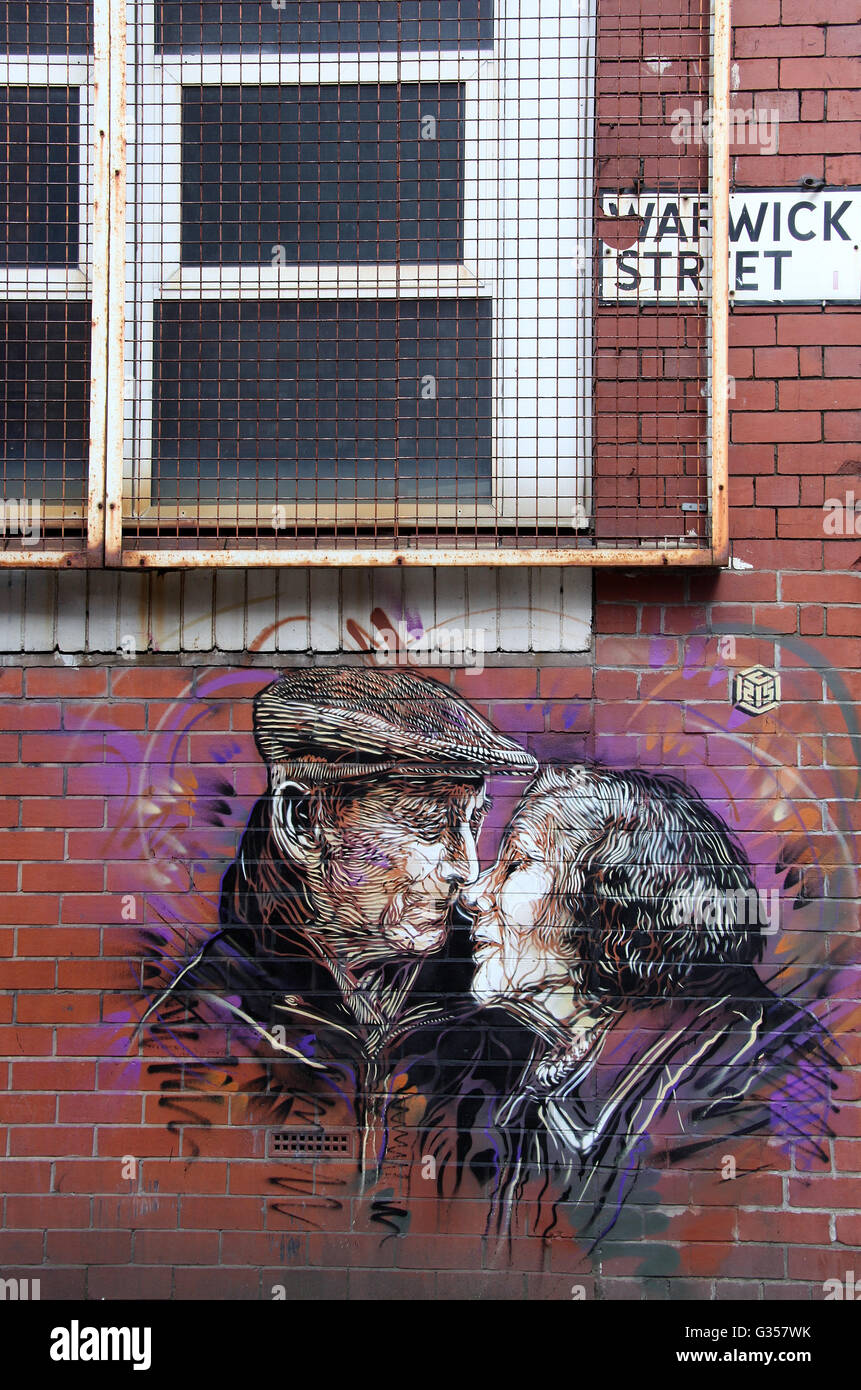 Street art by C215 of an elderly couple in the Northern Quarter of Manchester Stock Photo