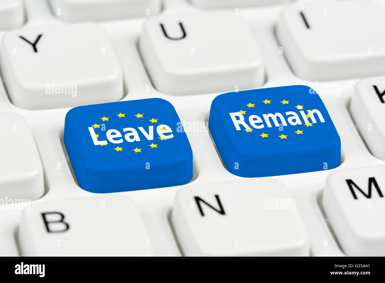 Brexit vote concept. EU Leave or Remain buttons on a computer keyboard. Brexit voting. EU referendum. European referendum. Stock Photo