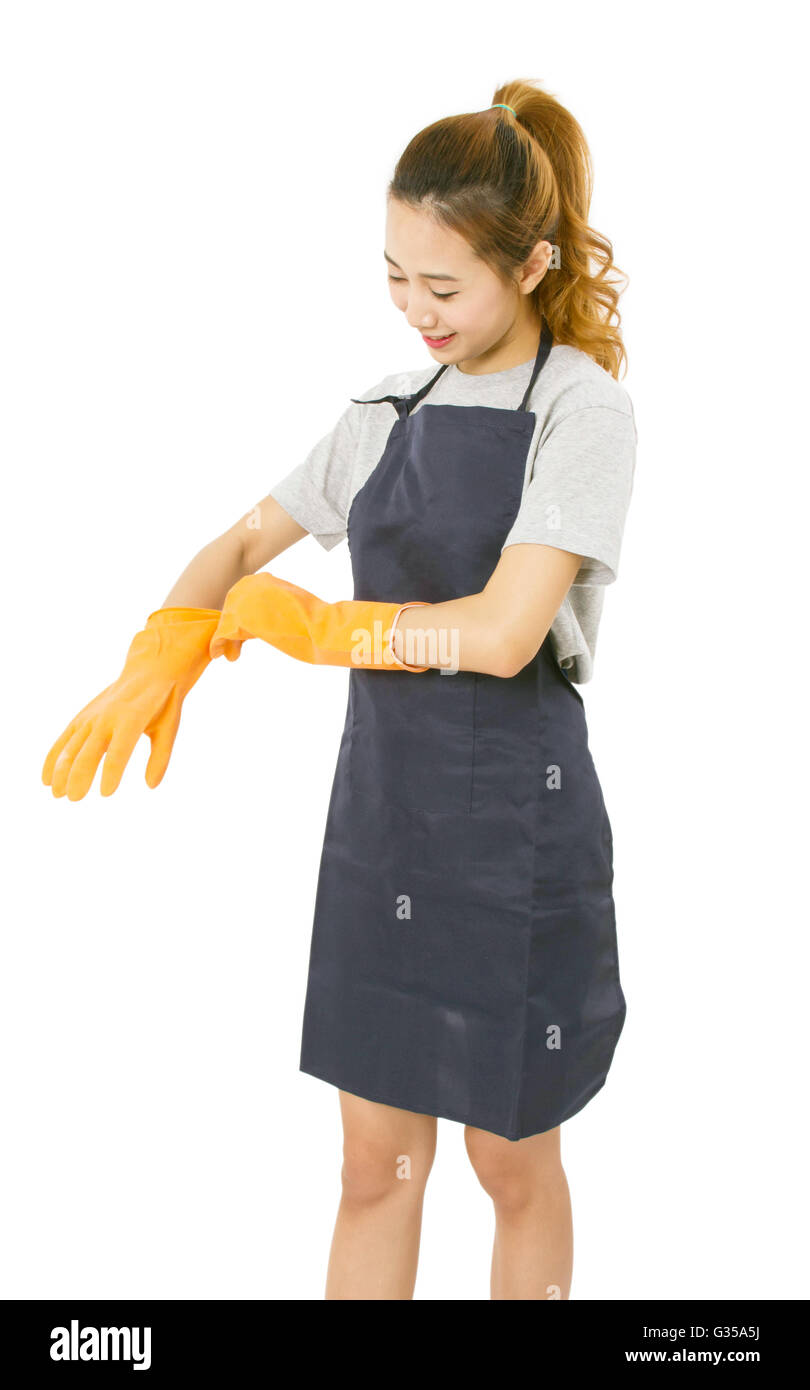 Lady cleaning wearing rubber gloves hires stock photography and images