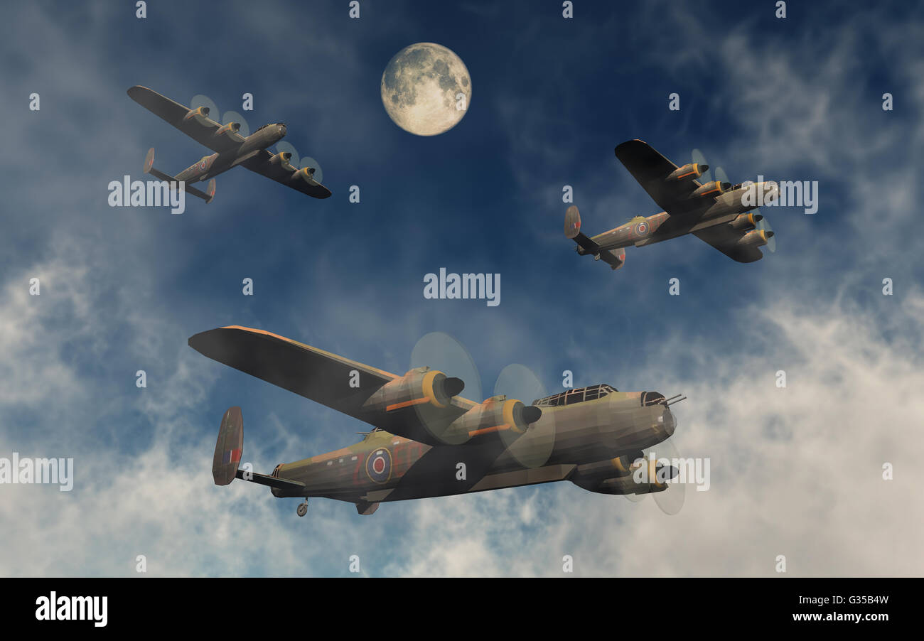 A Formation Of Avro Lancaster Heavy Bombers. Stock Photo