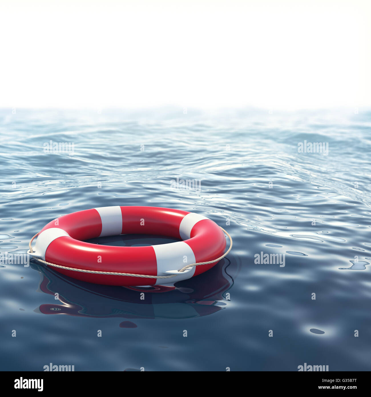 Red lifebuoy in blue sea with depth of field effect. 3d illustration Stock Photo