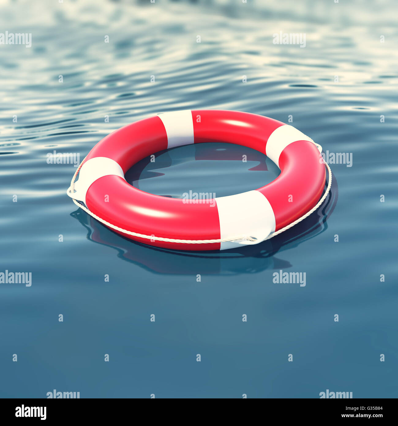 Red lifebuoy in blue sea with depth of field effect. 3d illustration Stock Photo