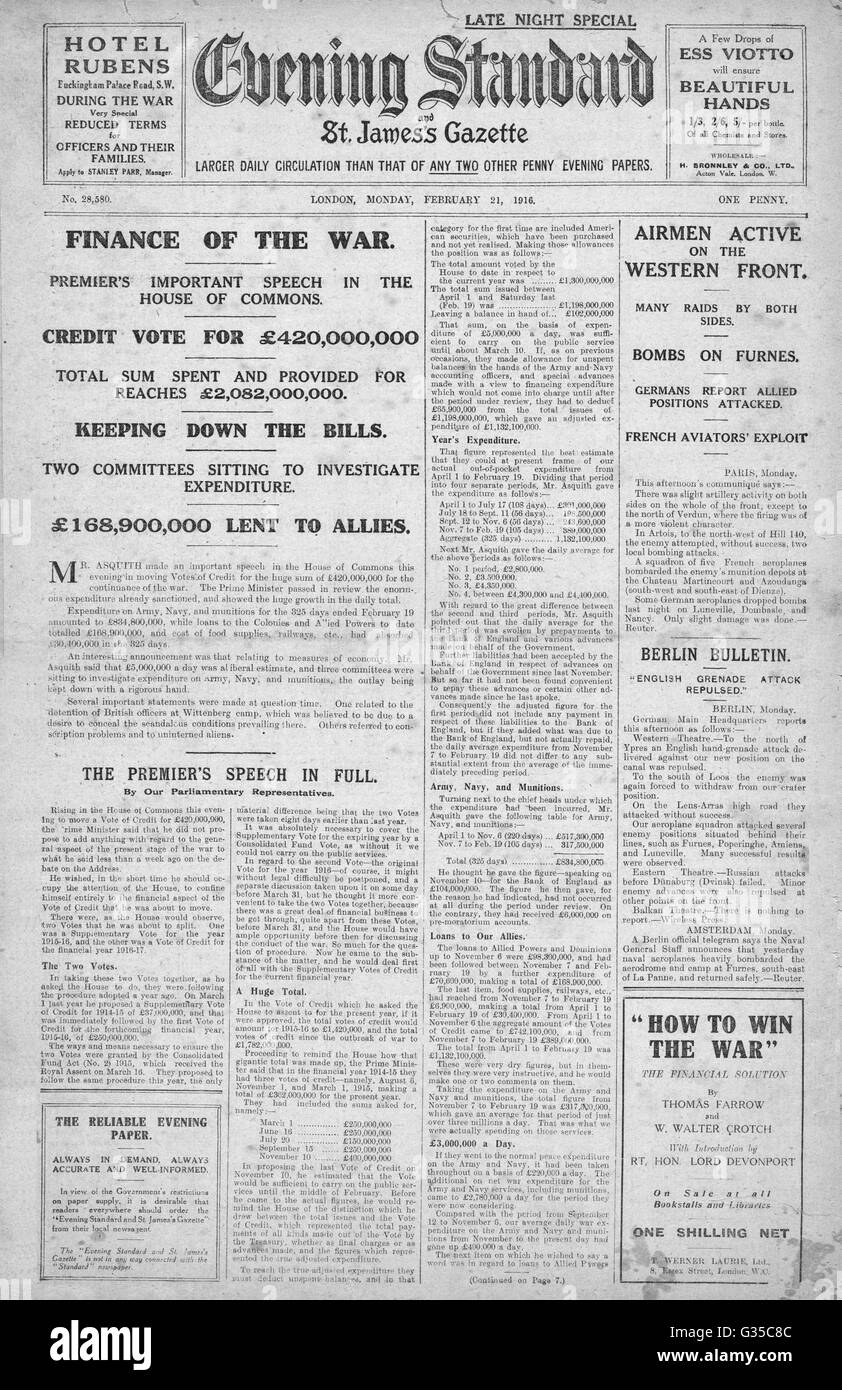 1916 Evening Standard Finance of the war Stock Photo
