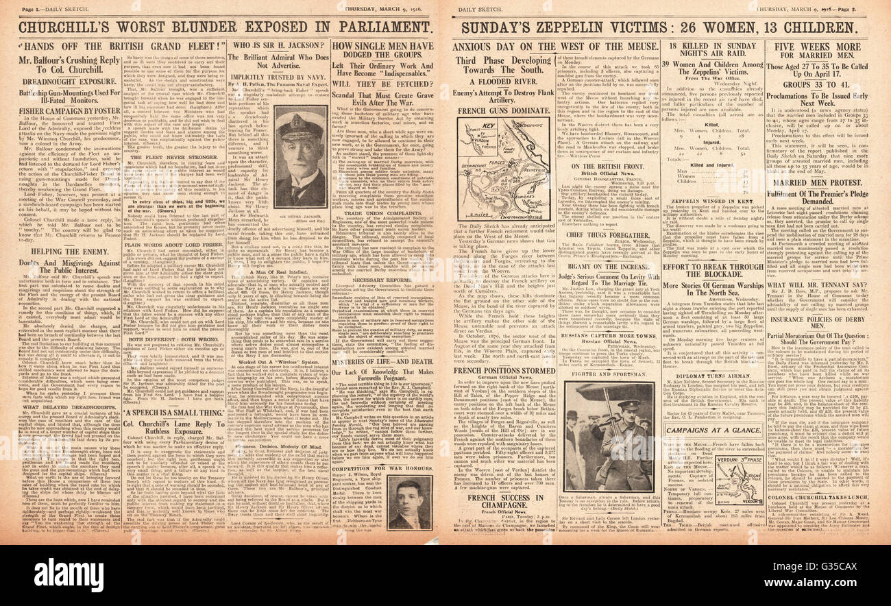 1916 Daily Sketch Casualty lists of Zeppelin raids Stock Photo