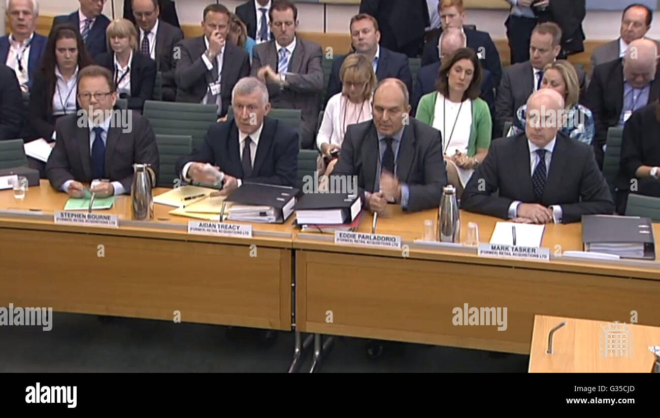 (From the left) Stephen Bourne, former Director, Retail Acquisitions Ltd, Aiden Treacy, former Director, Retail Acquisitions Ltd, Eddie Parladorio, former Director, Retail Acquisitions Ltd and Mark Tasker, former Director, Retail Acquisitions Ltd, give evidence to MPs over BHS' collapse at Portcullis House, London. Stock Photo