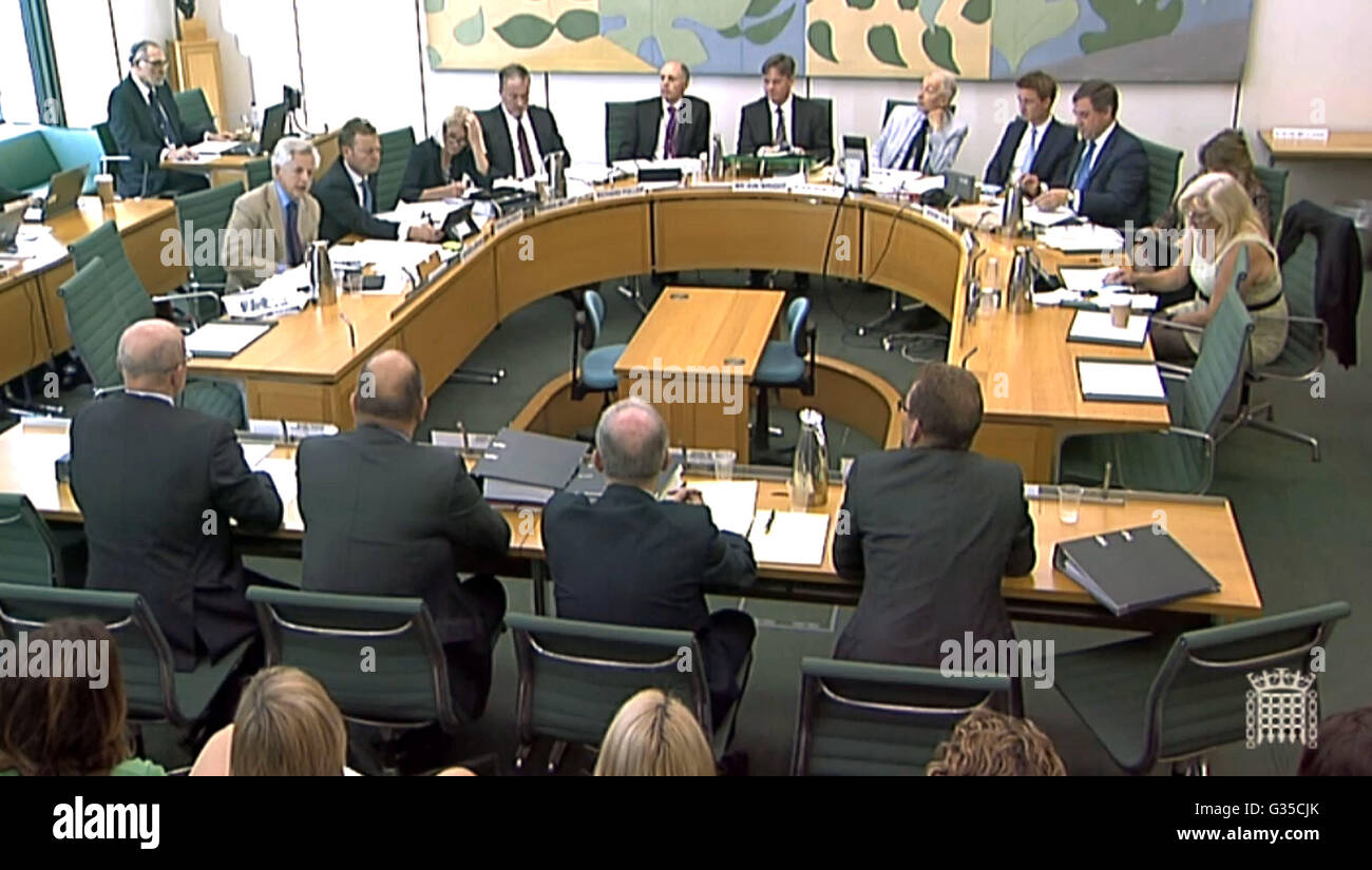 (From the right) Stephen Bourne, former Director, Retail Acquisitions Ltd, Aiden Treacy, former Director, Retail Acquisitions Ltd, Eddie Parladorio, former Director, Retail Acquisitions Ltd and Mark Tasker, former Director, Retail Acquisitions Ltd, give evidence to MPs over BHS' collapse at Portcullis House, London. Stock Photo