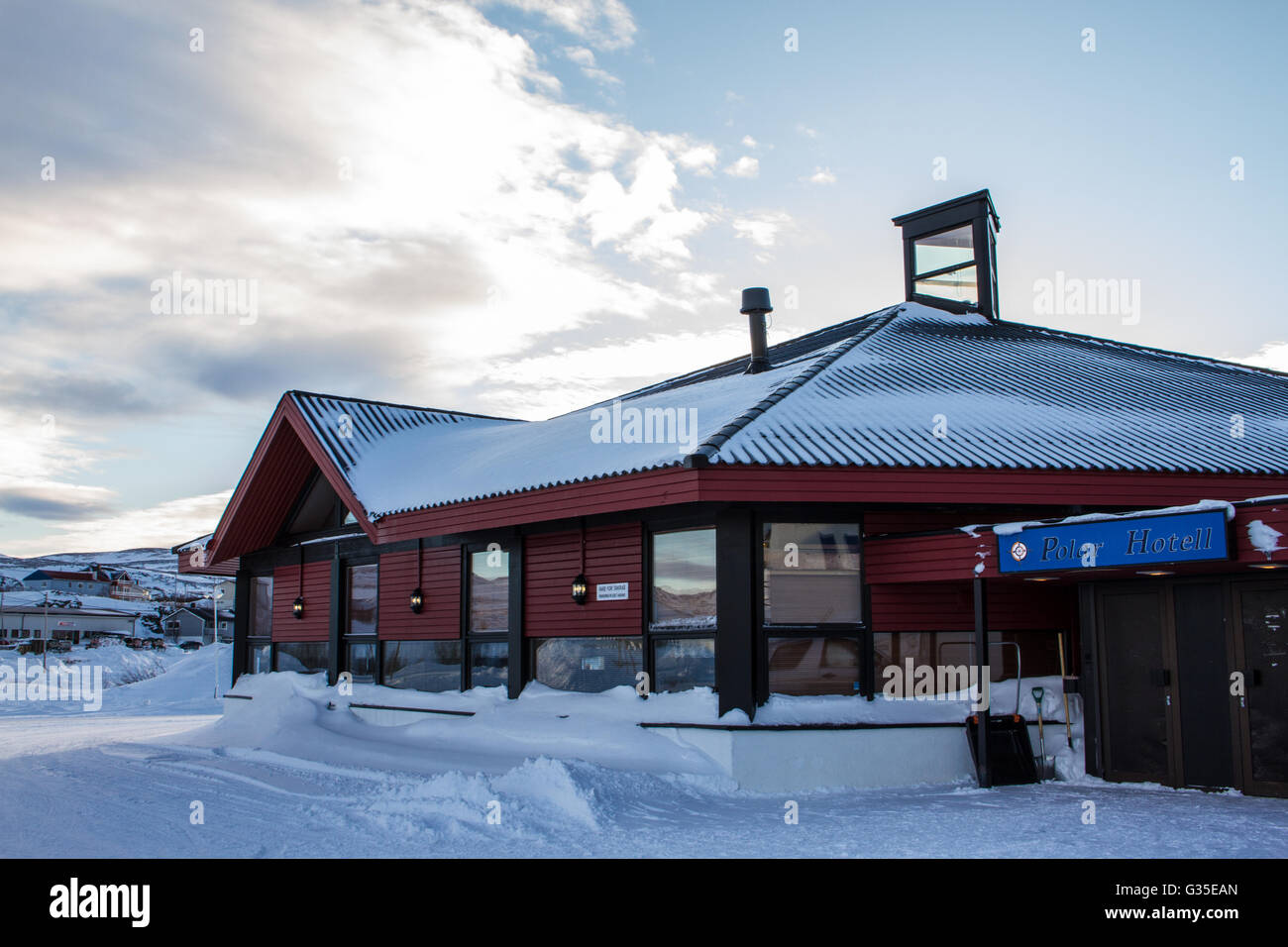 The exterior of the Polar Hotel, Batsfjord. Stock Photo