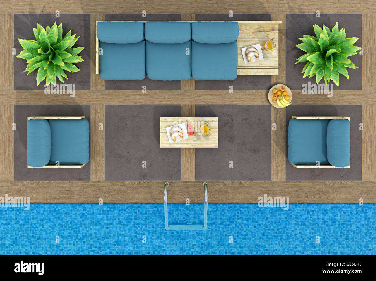 Top view of pallet sofa and armchairs by the pool - 3d ...