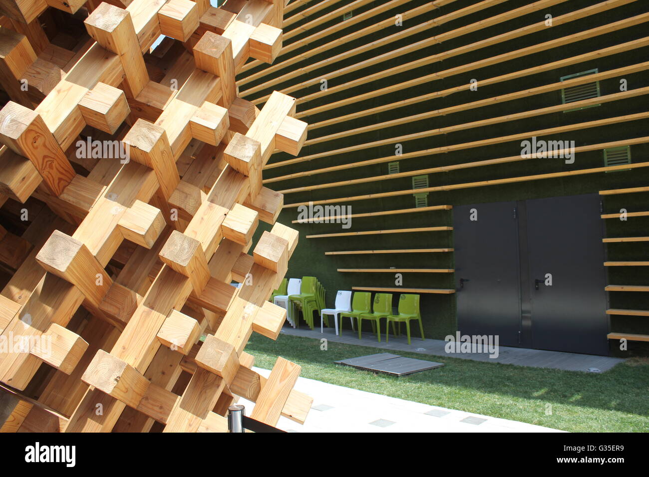 MILAN, ITALY - JUNE 29 2016: Architectural close up of Japanese Pavilion an Expo 2015 in Milan, with its wooden grid Stock Photo