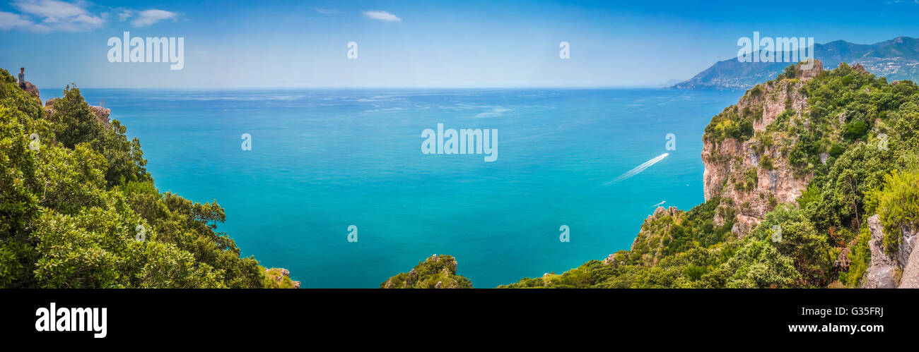 Scenic picture-postcard coast-to-coast panorama of famous Amalfi Coast with beautiful Gulf of Salerno, Campania, Italy Stock Photo