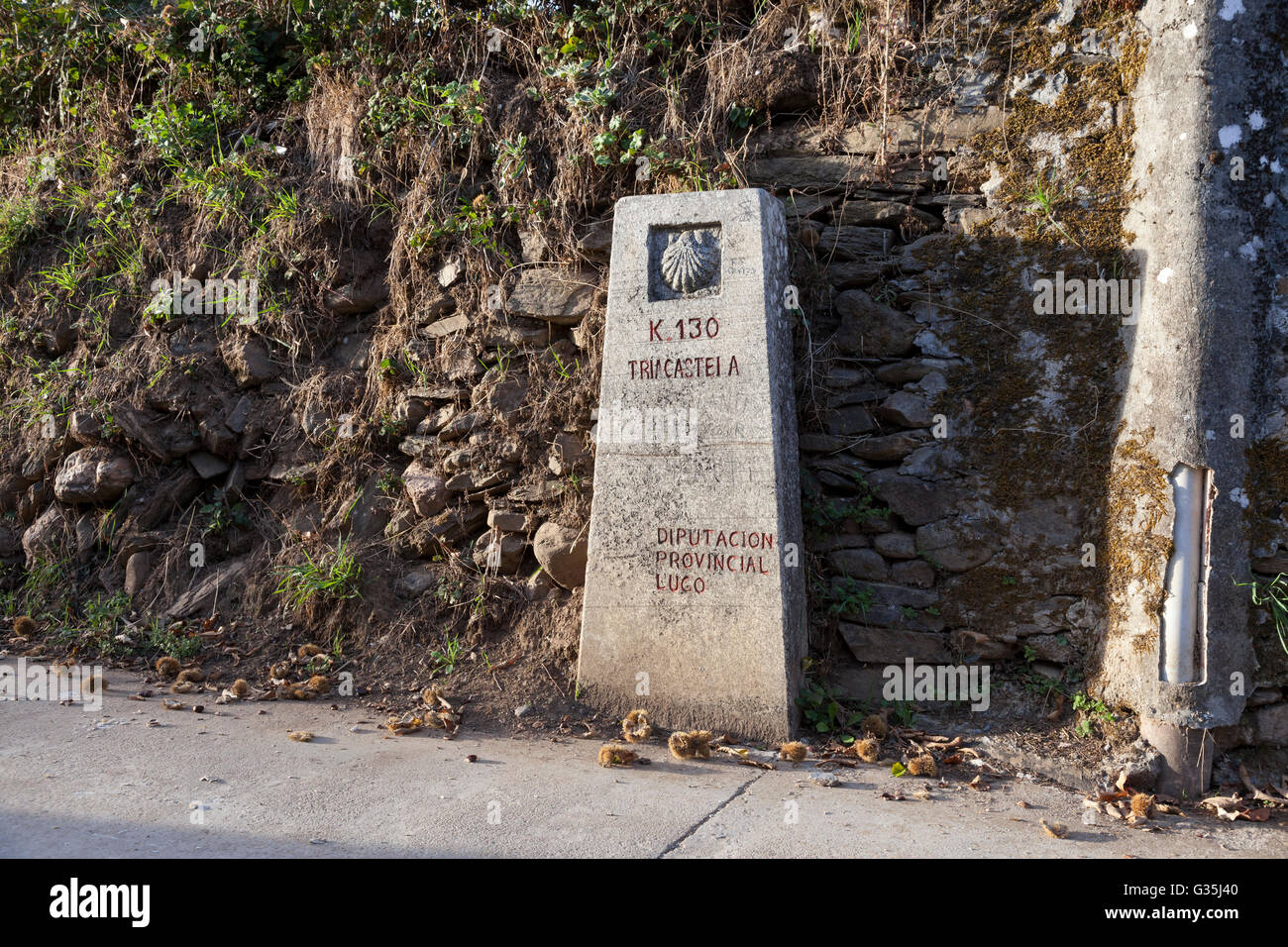 Triacastela, Spain: Marker in the village indicating 130 kilometer ...