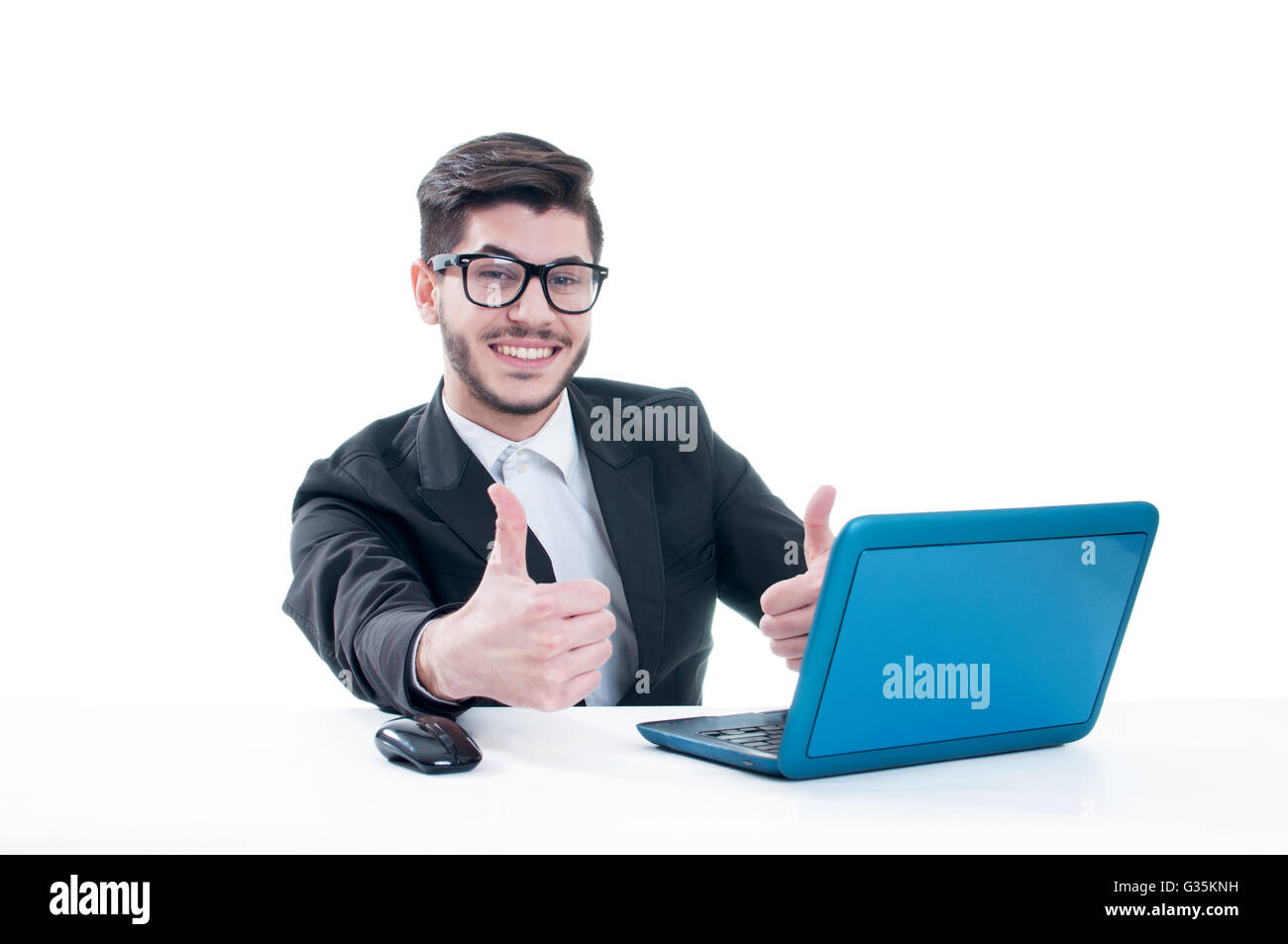 Business man holding laptop and making the ok gesture. Isolated on ...