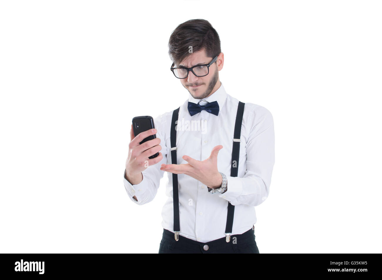 Angry man screaming in to mobile phone, isolated on white background Stock Photo