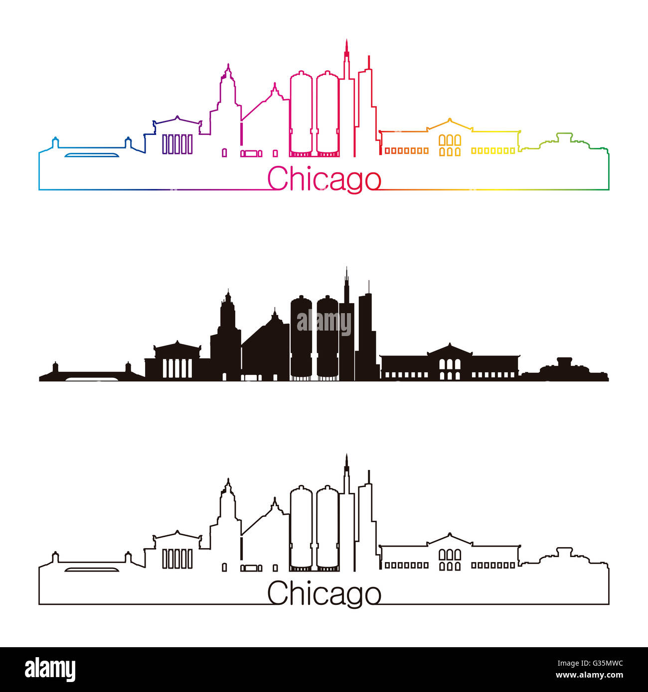Chicago skyline linear style with rainbow in editable vector file Stock Photo